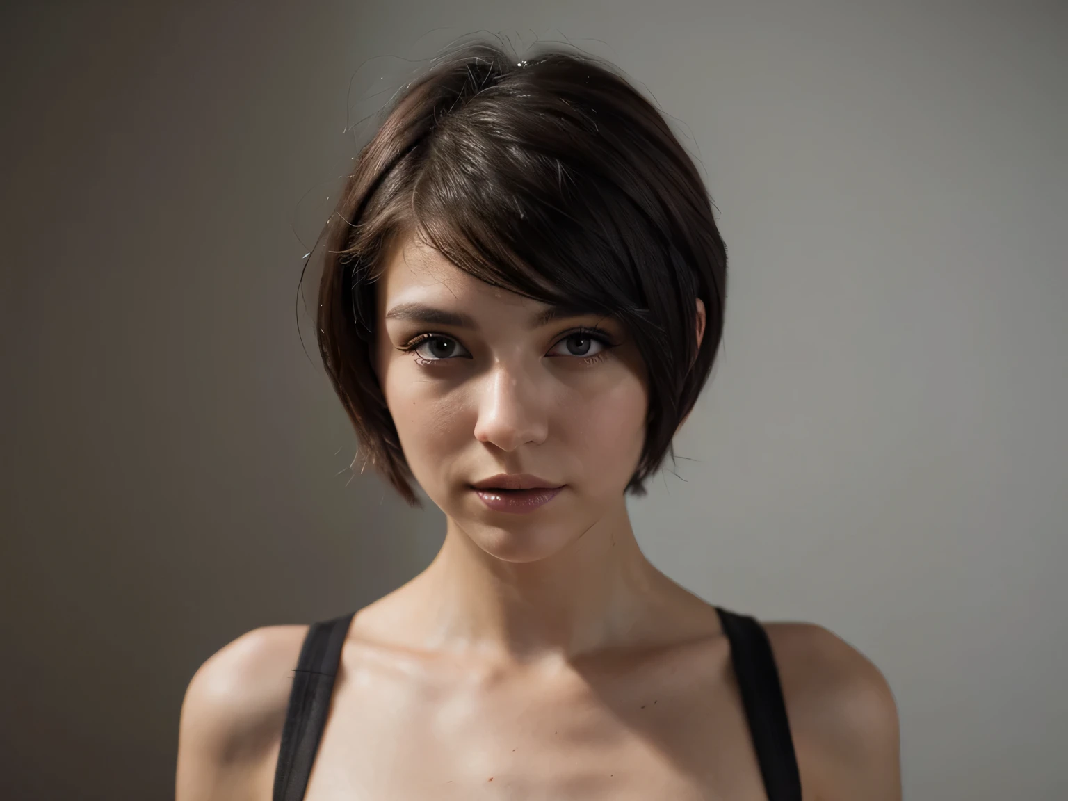 8k, RAW photo, best quality, ultra high resolution, photorealistic, realistic photo, portrait of a slim girl with black purple short undercut haircut, comb to the left