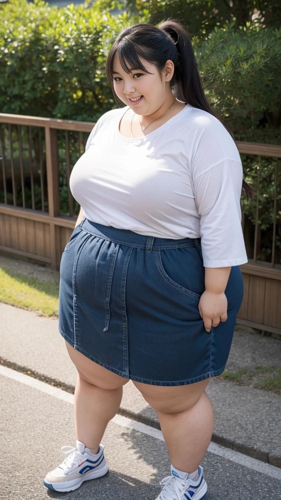 realistic depiction、super obeseのjapanese woman、super obese、Weight 300kg、very fat woman、japanese woman、laughter、Tight Skirt、outdoor、a bit、little woman、His height is only 145cm、short legs、go pro Japanese ssbbw, non nude, full shot, very beautiful face, super obese, full body, sweat parker, sneaker,, super obese japanese, gigantic 、super big belly