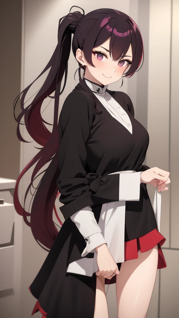 high tail hairstyle, Ponytail hairstyle, Long wavy black hair, standing posing, anime girl style, pixel art anime style,penetrating look with deep eyes,red and purple eyes, hair with a ponytail hairstyle trapped with a big red bun, Women, red hair clips, x color shaped hair clips , smiling face blush, using a towel, getting out of the bathtub, wet
