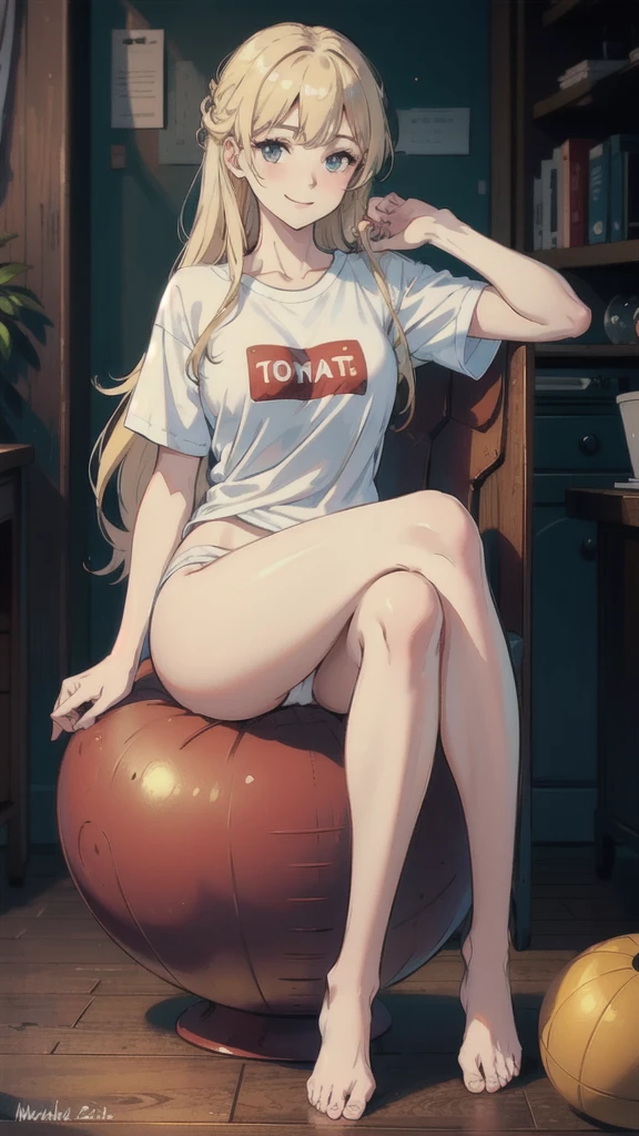 ((best quality)), ((masterpiece)), (detailed), one girl with long blond hair, normal sitting on red gym ball, white panties, white t-shirt, smiling
