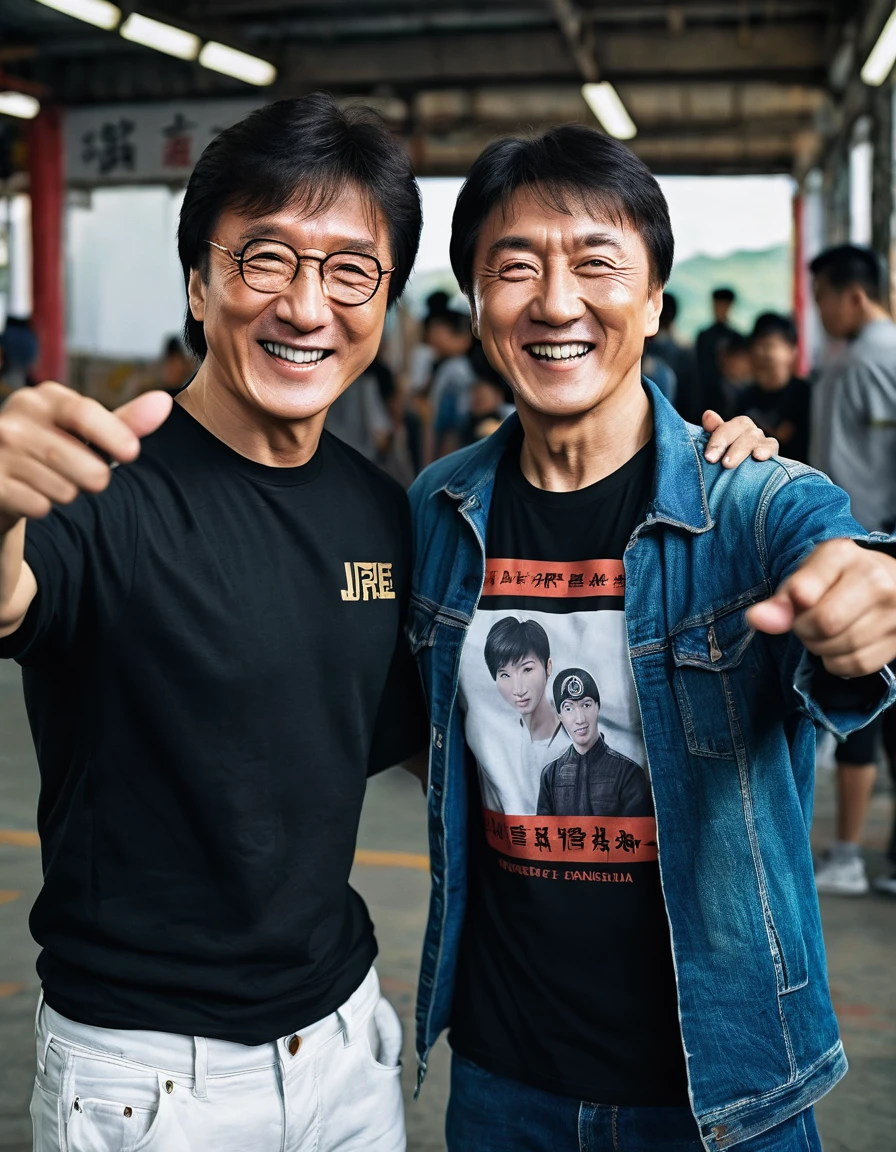 Generate an image of two famous martial artists, one from Indonesia and one from Hong Kong, taking a selfie together on the set. Indonesian pencak silat wears black t-shirts that say "Pasker Lapmer", spelling must be correct, white writing must be correct, blue denim pants, short hair in popular KPop style. The Hong Kong martial artist wearing a dark casual jacket and white shirt, with minus glasses is Jackie Chan. Both smiled and appeared friendly, looking at the camera., wildlife photography, portrait photography, cinematic, typography, photo, illustration, painting, fashion, dark fantasy, conceptual art, ukiyo-e, architecture, vibrant