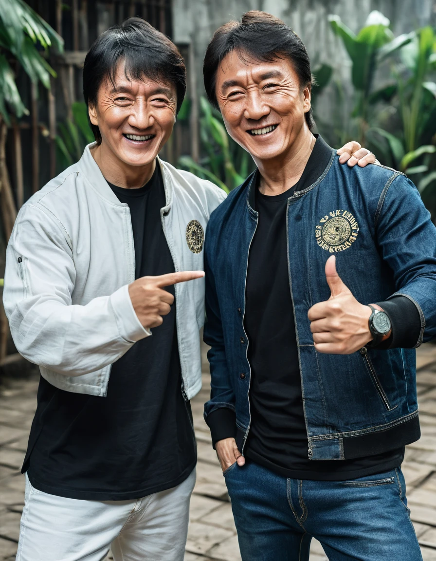 Generate an image of two famous martial artists, one from Indonesia and one from Hong Kong, taking a selfie together on the set. Indonesian pencak silat wears black t-shirts that say "Pasker Lapmer", spelling must be correct, white writing must be correct, blue denim pants, short hair in popular KPop style. The Hong Kong martial artist wearing a dark casual jacket and white shirt, with minus glasses is Jackie Chan. Both smiled and appeared friendly, looking at the camera., wildlife photography, portrait photography, cinematic, typography, photo, illustration, painting, fashion, dark fantasy, conceptual art, ukiyo-e, architecture, vibrant