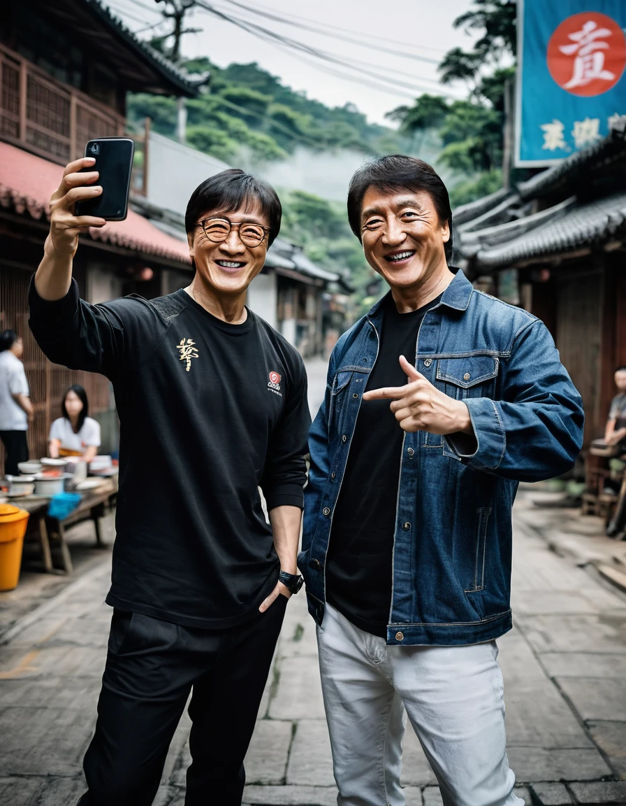 Generate an image of two famous martial artists, one from Indonesia and one from Hong Kong, taking a selfie together on the set. Indonesian pencak silat wears black t-shirts that say "Pasker Lapmer", spelling must be correct, white writing must be correct, blue denim pants, short hair in popular KPop style. The Hong Kong martial artist wearing a dark casual jacket and white shirt, with minus glasses is Jackie Chan. Both smiled and appeared friendly, looking at the camera., wildlife photography, portrait photography, cinematic, typography, photo, illustration, painting, fashion, dark fantasy, conceptual art, ukiyo-e, architecture, vibrant