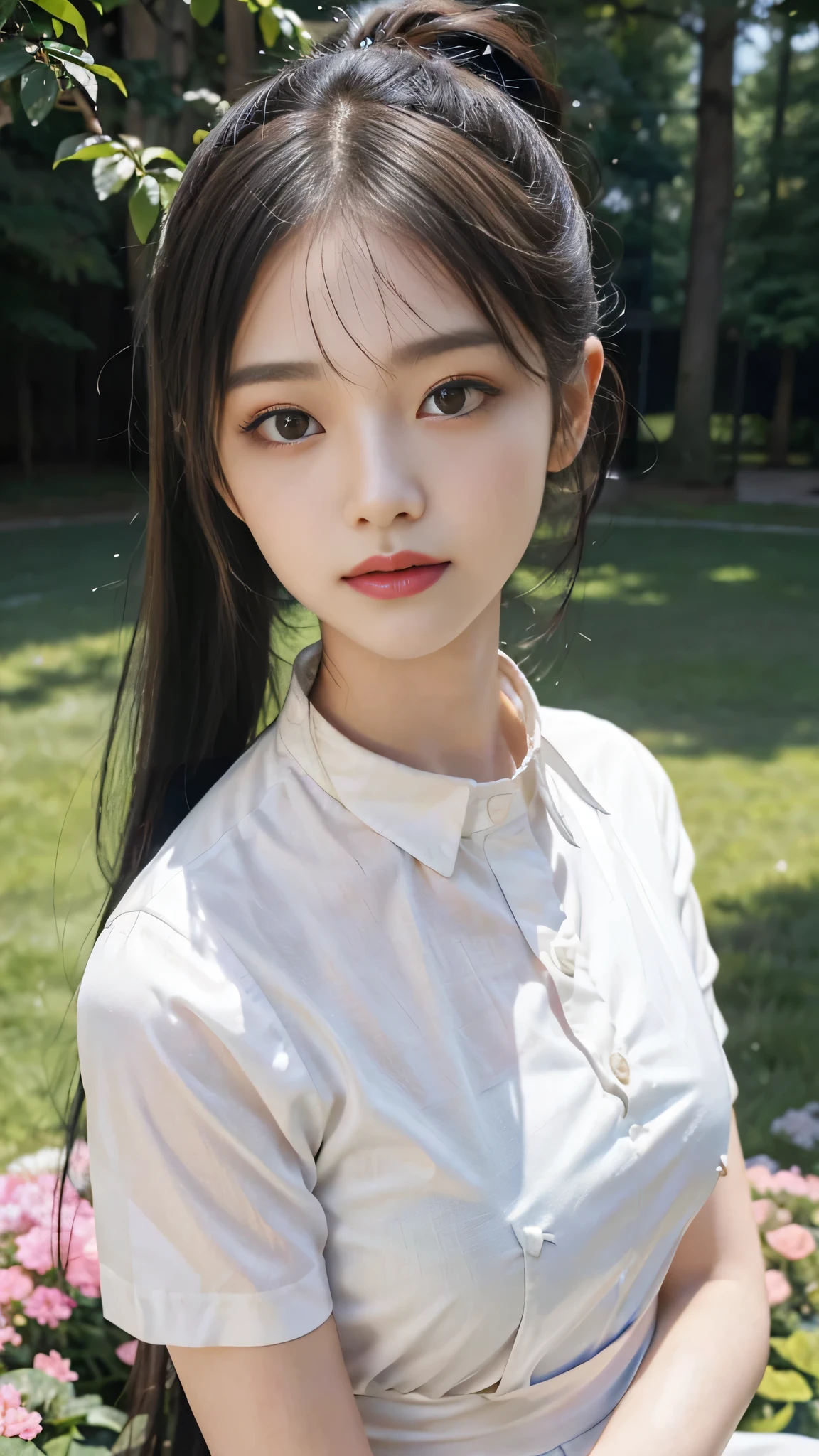 collared dress,european city park,On the lawn,One woman,masutepiece, The highest image quality, High quality, the background is clear,Beautiful woman, Japanese,Ultra-detailed, finely detail, hight resolution, 8K Wallpaper, Perfect dynamic composition, Beautiful detailed eyes , Detailed, Detailed eyes, Detailed skin, Beautiful skin, 超hight resolution, (reality: 1.4),Very beautiful woman, Slightly younger face, Beautiful skin, slender, (Ultra photo realsisim), (hight resolution), (8K), (Very detailed) (beautifully detailed eyes), (super detailed), (Detailed face), view the viewer, Fine details, Detailed face, Staring straight ahead, Staring straight ahead, photos realistic, Bright lighting, Professional Lighting, Black hair,poneyTail,a baby face,sixteen years old,Hairstyle: ponytail,Long ponytail hairstyle,slight smile,neat and tidy clothing,Beautiful Japanese KPOP idol photo, hair style is ponytail, my eyes are double and wide, baby face, smile and look straight ahead, slender, small breasts,Close up face,