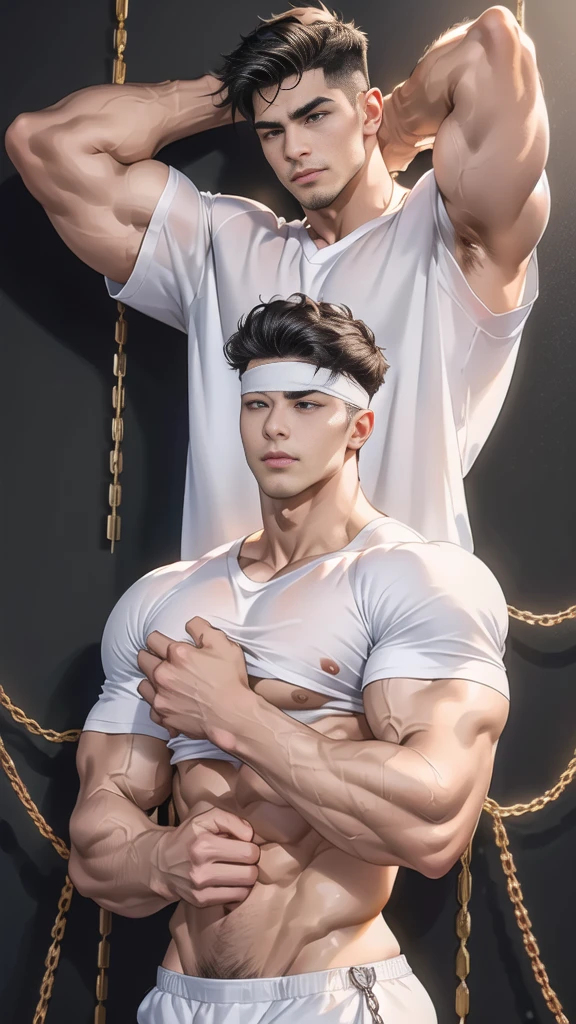 (8k, original photo, best quality，Half body photo) ,, ((( 25-year-old muscular blindfolded men, hands tied up backward with iron chain)))，standing，shirtless,Shirtless muscular man，blush，Shy expression，Mouth slightly open，Armpit Hair, micro thong ,pubic hair，(wearing t-shirt torn:1.5) , hands are tied up backward with iron chain connected to wall，，a Asian muscular bodybuilding champion ,(((no cheast hair)))，((( black wall background)))，handsome man,Real human skin is smooth and delicate，delicate skin，Large nipples，Eyes and eyelashes are very detailed, muscular man, Manliness, male, Expose chest muscles, male love model, muscular, digital SLR, Super quality, XT3, crystal clear, 8k ultra high definition, high detail, Super real photos, (Realistic skin), ((pores)), ((high detail skin)), Volumetric light, groin, far, Complex 3D visualization, high detail,Real human skin ((Correct body structure)), (((correct anatomy))),(((Forced noise reduction)))