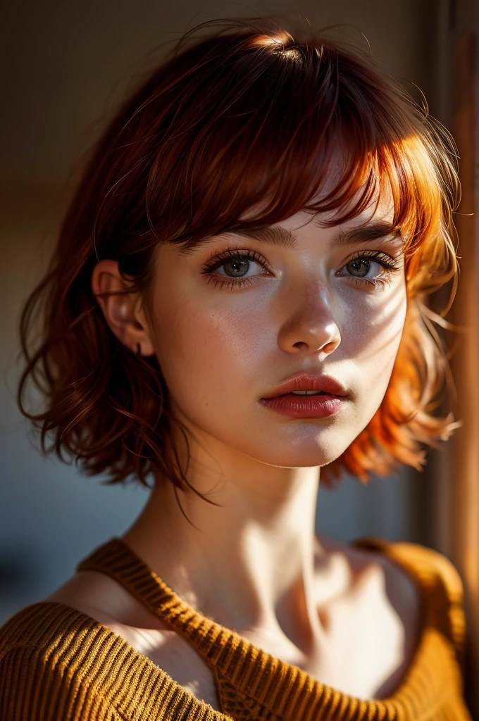 Instagram Photos, French woman, 21 years old, square hair cut,Redhead, Close-up portrait, sweater, Neckline, pale, Sharp Shadow