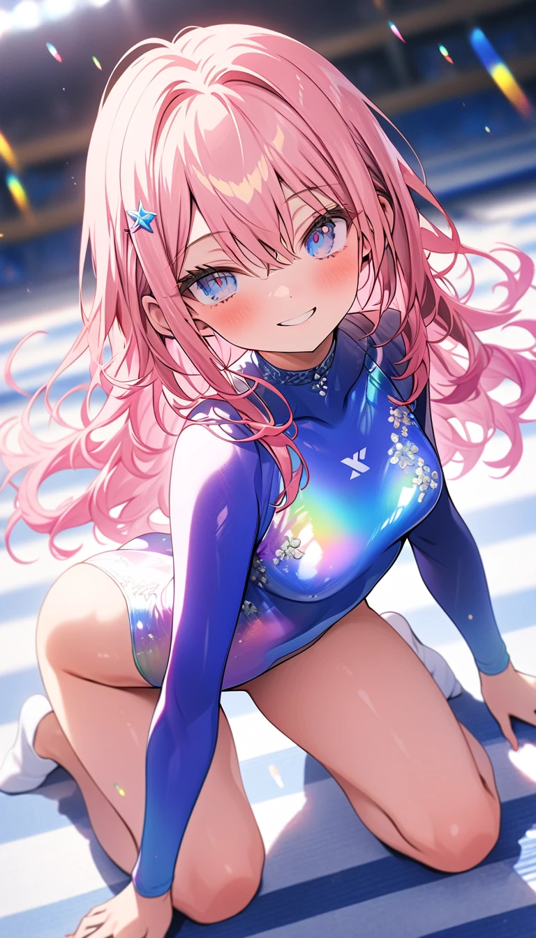 highquality illustration, masterpiece, very delicate and beautiful, attractive girl,(gymnastics leotard, Floral patterns leotard,long sleeve leotard with glittery decoration,high_leg leotard,athletic leotard,tight-fit leotard,iridescent gradient leotard,long-sleeve leotard),thin,slender body,slim,high school,gymnasium background,gymnastics club,gymnastics athlete,princess, beautiful eyes,light smile,(masterpiece, best quality:1.2), highres, extremely detailed CG unity 8k wallpaper, perfect lighting, Colourful, ultra-high res,4K,ultra-detailed, photography, 8K, HDR,  ages, full body,