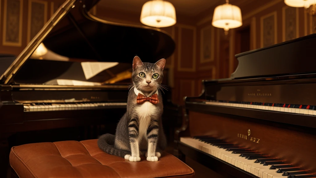High resolution,　8K,　A cat wearing a tiny fedora and bow tie sits at a grand piano in a warmly lit jazz cafe、Sitting on a chair、I&#39;m playing the piano by moving my arms.。In the background、There&#39;s a vintage record player and shelves filled with old jazz records.。A cat is sitting on a chair and playing the piano。Playing the piano like a human pianist。