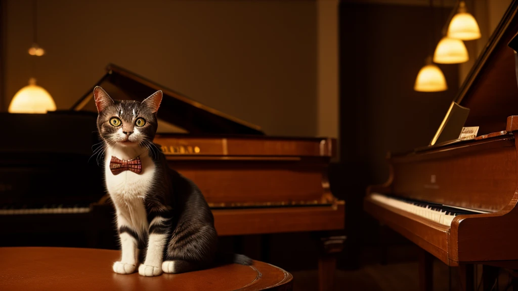 High resolution,　8K,　A cat wearing a tiny fedora and bow tie sits at a grand piano in a warmly lit jazz cafe、Sitting on a chair、I&#39;m playing the piano by moving my arms.。In the background、There&#39;s a vintage record player and shelves filled with old jazz records.。A cat is sitting on a chair and playing the piano。Playing the piano like a human pianist。