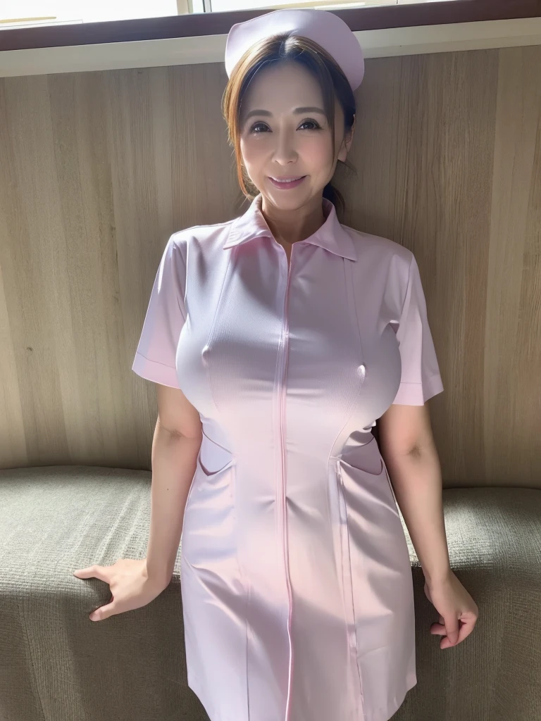 Highest quality、masterpiece、8K、Very detailed、Realistic、50 years old、Wrinkles around the eyes、Wrinkles around the mouth、One person、Looking at me with a smile、whole body、Big Breasts、Erect nipples、Thin and beautiful legs、Nurse uniform、skirt、Nurse cap