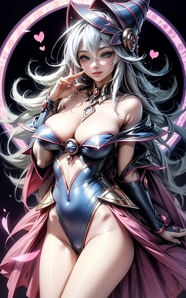 Dark Wizard Gils. Levitating between his legs, Pose Sujestiva, sexy and innocent. Hearts and magic background in circles....... Wink an eye and blow a kiss. beautiful and flirtatious