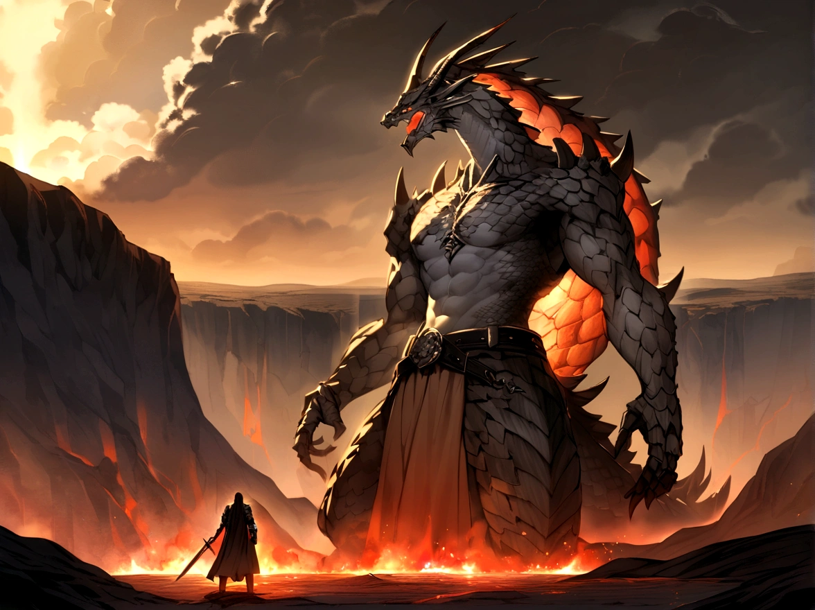 Barren cliffs of grey and brown granite overlooking a deep canyon filled with lava, On the edge of the cliff,Kneeling an anthropomorphic dragon man, He only has one armor belt,Holds a sword in his right hand, The scales on his back and shoulders are dark gray., Tan-colored scales on the inner thighs and chest, The sky is full of stormy thunder clouds