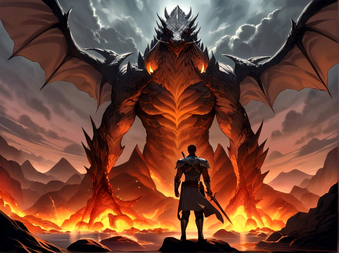 Barren cliffs of grey and brown granite overlooking a deep canyon filled with lava, On the edge of the cliff,Kneeling an anthropomorphic dragon man, He only has one armor belt,Holds a sword in his right hand, The scales on his back and shoulders are dark gray., Tan-colored scales on the inner thighs and chest, The sky is full of stormy thunder clouds