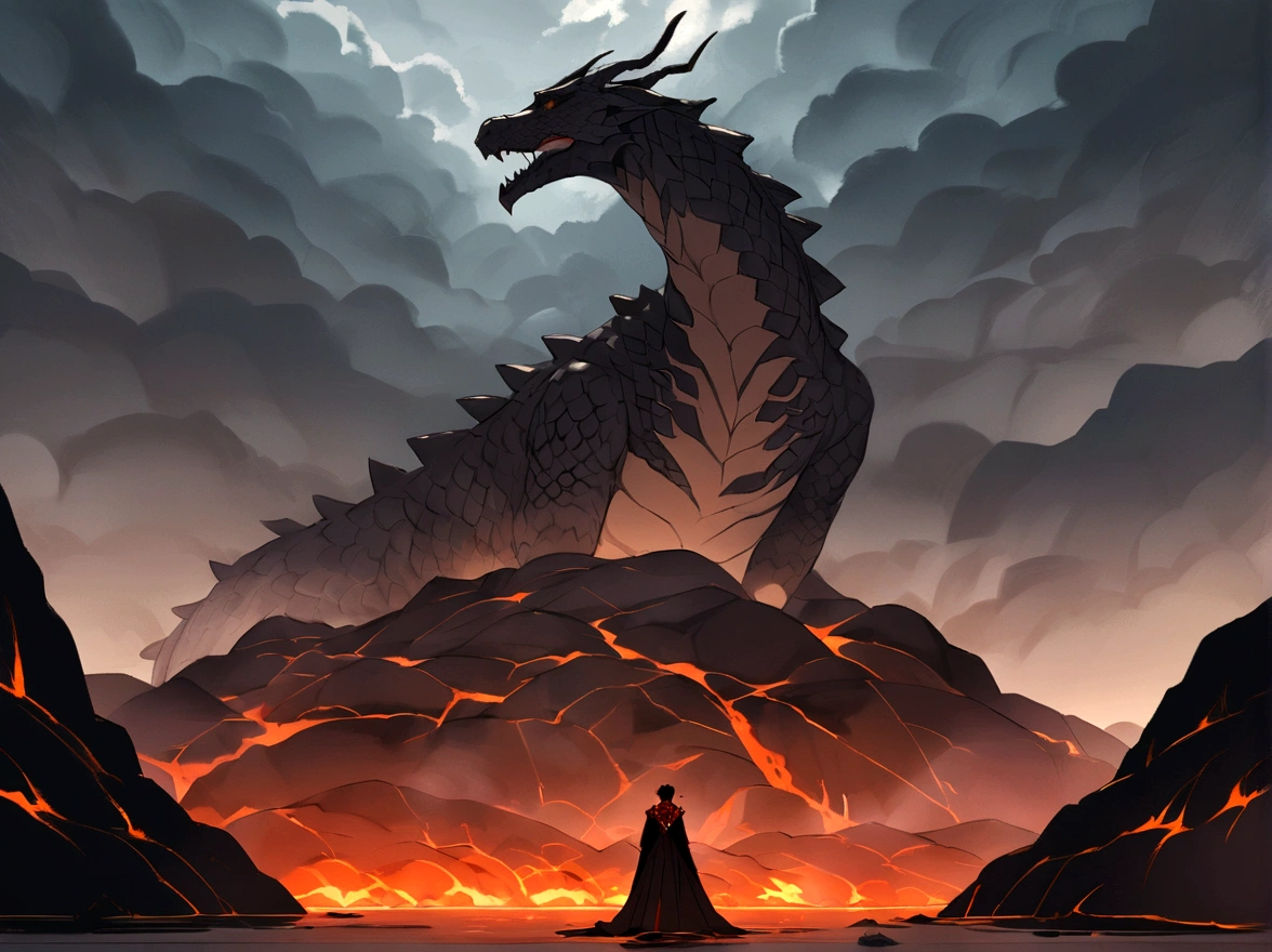 Barren cliffs of grey and brown granite overlooking a deep canyon filled with lava, On the edge of the cliff,Kneeling an anthropomorphic dragon man, He only has one armor belt,Holds a sword in his right hand, The scales on his back and shoulders are dark gray., Tan-colored scales on the inner thighs and chest, The sky is full of stormy thunder clouds