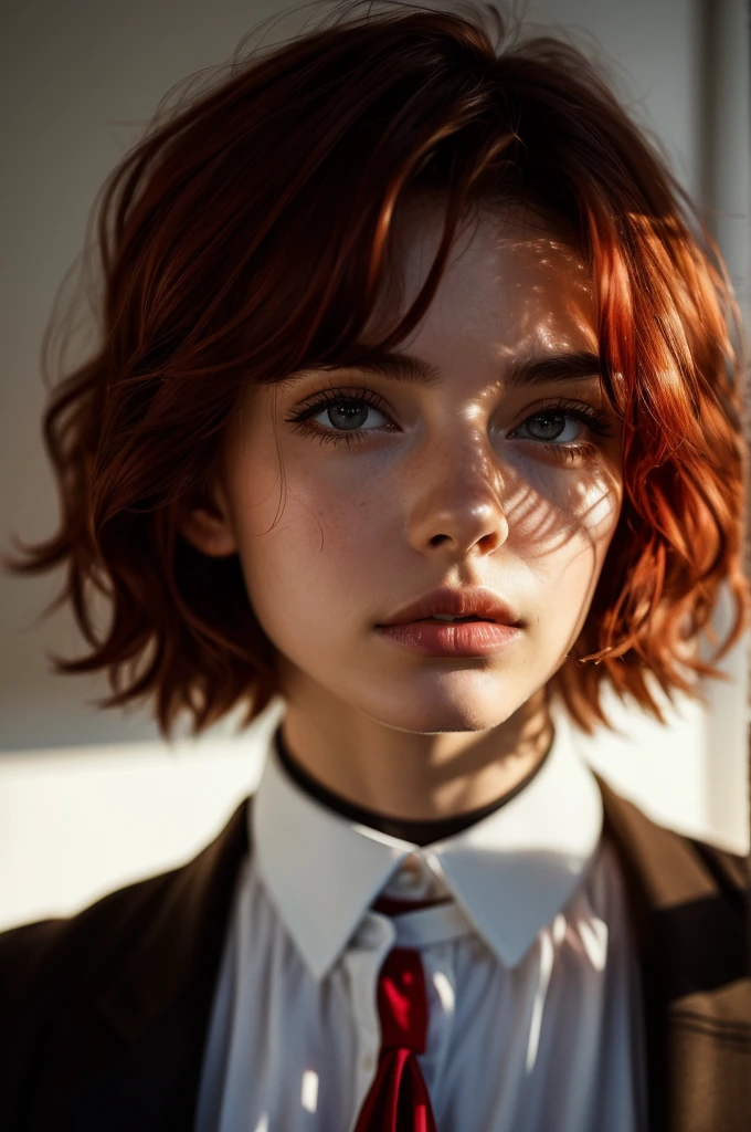 Instagram Photos, French woman, 21 years old, square hair cut,Redhead, Close-up portrait, Jacket,shirt, Neckline, pale, Sharp Shadow