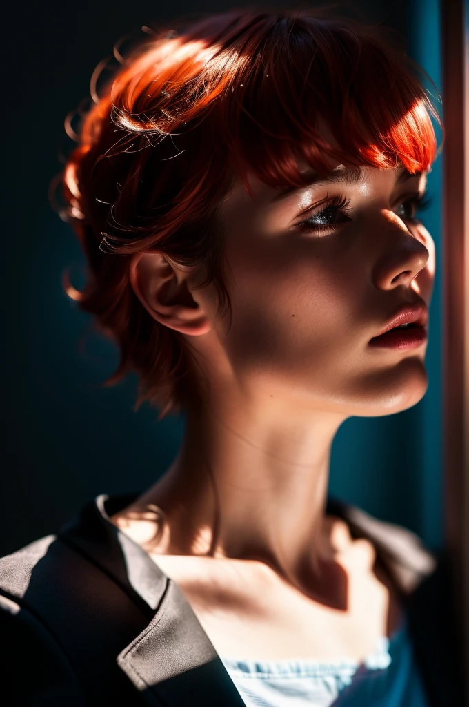 Instagram Photos, French woman, 21 years old, square hair cut,Redhead, Close-up portrait, Jacket,shirt, Neckline, pale, Sharp Shadow