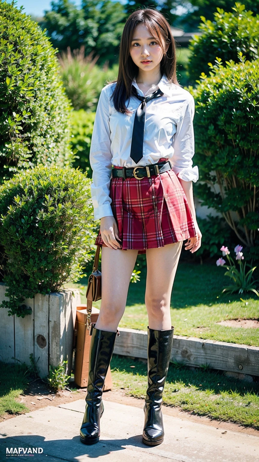 (8K、RAW Photos、Highest quality、masterpiece:1.2)、(Realistic、Realistic)、1 Girl、((Check mini skirt、tie、Medium Hair、black、Thin legs、whole body、boots、blackいコート、one piece、garden、View from the front、Looking into the camera、belt、Stand with hands on hips))、