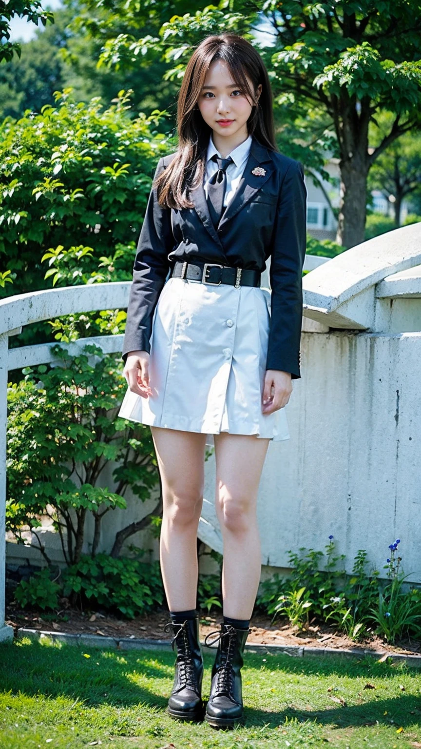 (8K、RAW Photos、Highest quality、masterpiece:1.2)、(Realistic、Realistic)、1 Girl、((Check mini skirt、tie、Medium Hair、black、Thin legs、whole body、boots、blackいコート、one piece、garden、View from the front、Looking into the camera、belt、Stand with hands on hips))、