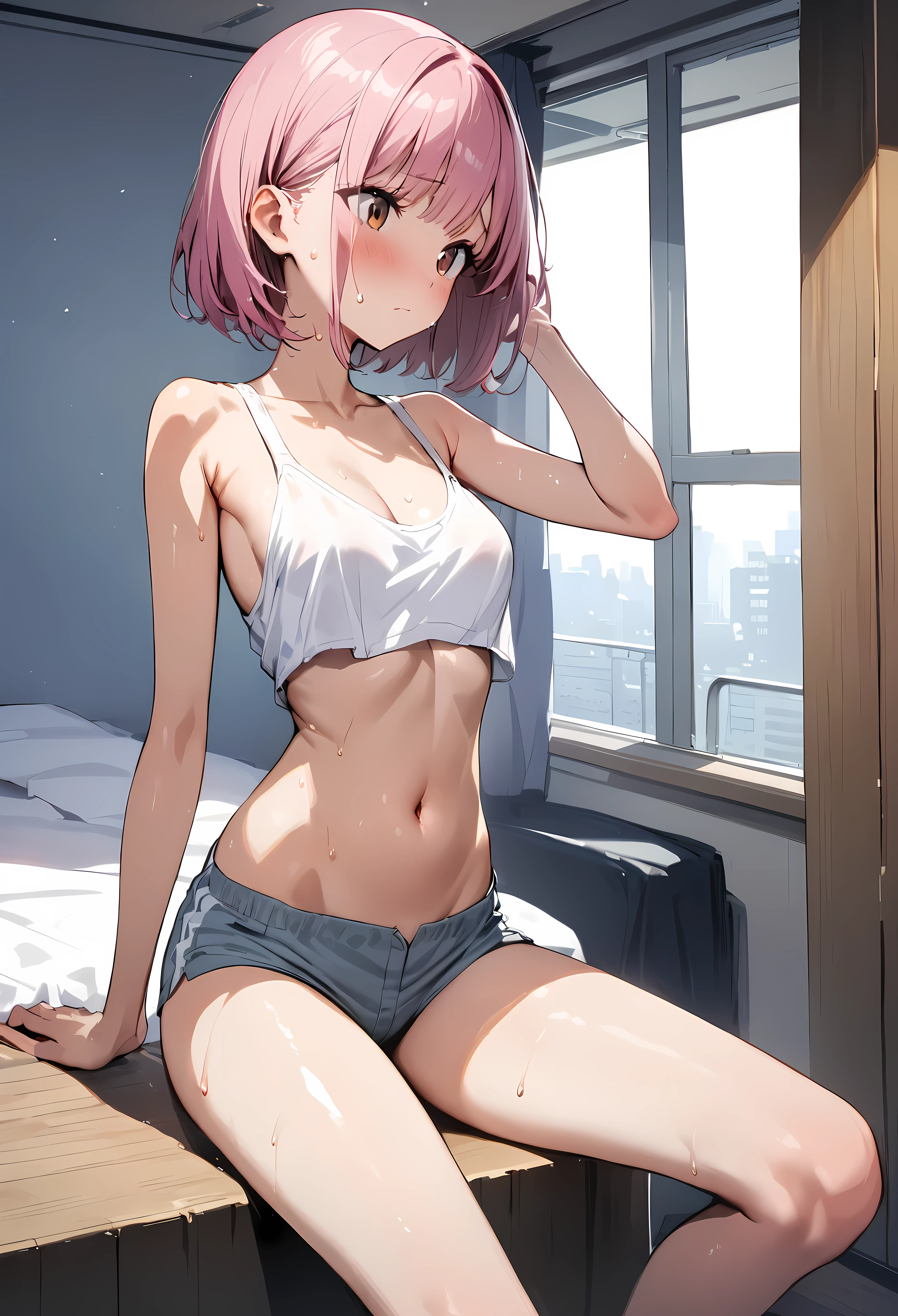 ((masterpiece,Highest quality:1.3,best quality illustration)),cowboy shot,1woman,16-year-old Japan beauty,((very small head:1.4)),short bob hair,bangs,(pink hair),brown eyes,gorgeous eyes,shy,medium breasts,((very long body:1.4)),(White tank top、Grey micro shorts),navel,(toned body,slender body,skinny),gleaming skin,shiny skin,oily skin,sweat,sitting,spread legs:1.3. Simple Bedroom、simple hotel、Tokyo,