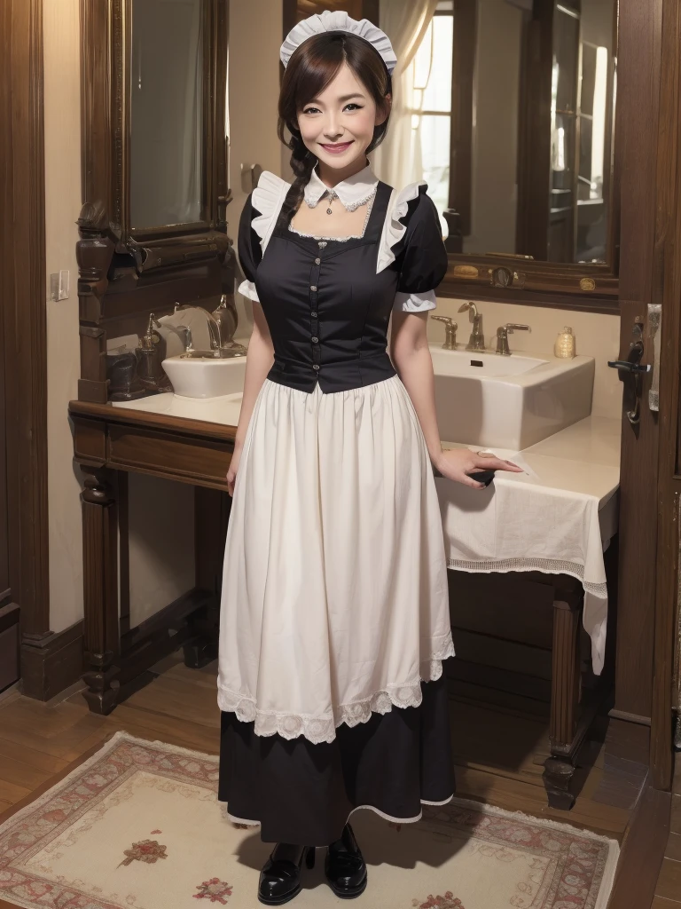 Highest quality、masterpiece、8K、Very detailed、Realistic、50 years old、Wrinkles around the eyes、Wrinkles around the mouth、One person、Looking at me with a smile、whole body、Big Breasts、Erect nipples、Thin and beautiful legs、Tight and slim waist、Tight maid outfit、skirt