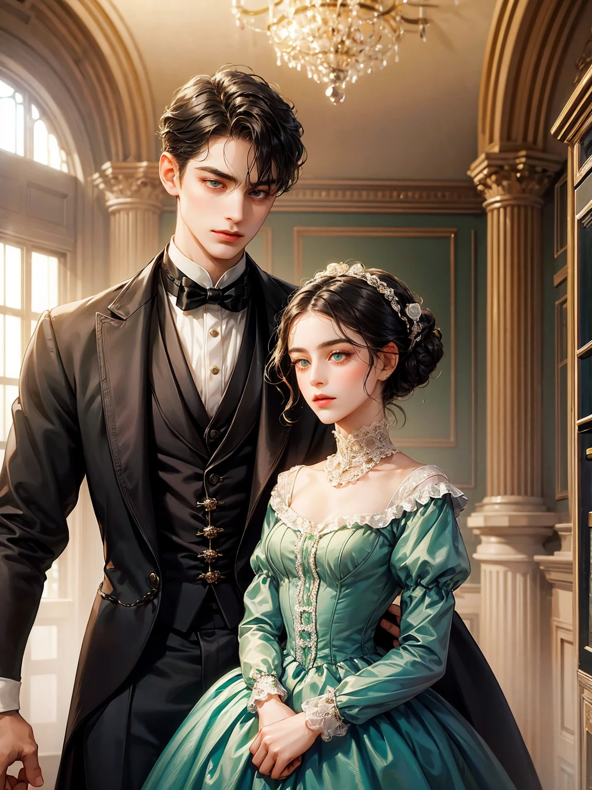 Couple, 1 girl 1 boy. Different hair color, chignon black hair and green eyes, small breast, victorian era unglued dress, short black hair, wavy hair and (sky blu eyes) , male Victorian era dress. They look at the viewers. Background inside of a hall
