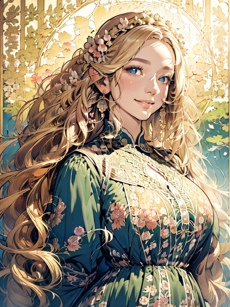 Forest Fairy、The wind and petals fly from my scooping hands.、woman、smile、Long ears、Floral Dress、Race、Gorgeous Accessories、in the forest、wood々The sunlight shines in、Close up of upper body from below、delicate、colorful、
