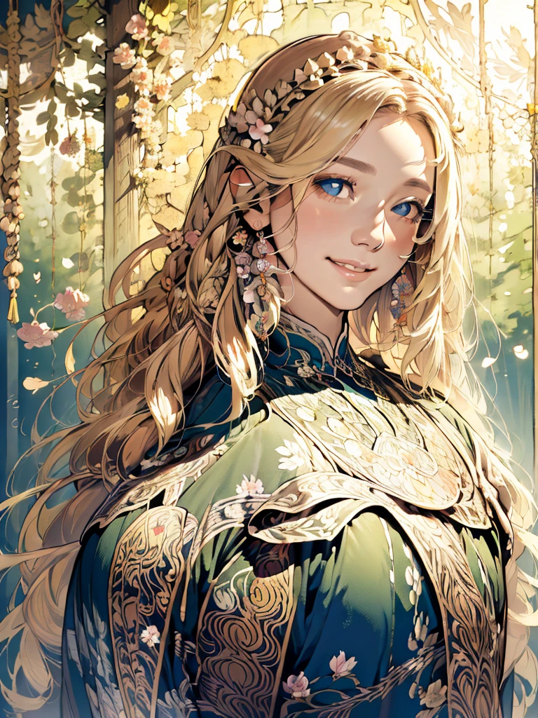 Forest Fairy、The wind and petals fly from my scooping hands.、woman、smile、Long ears、Floral Dress、Race、Gorgeous Accessories、in the forest、wood々The sunlight shines in、Close up of upper body from below、delicate、colorful、