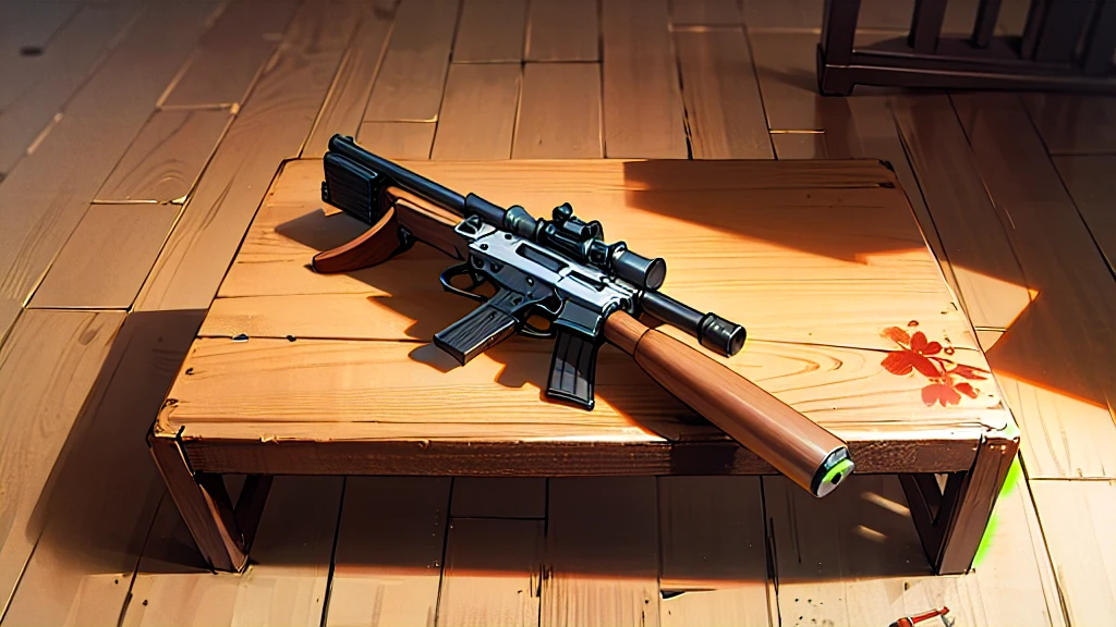 gun on table, wooden table, detail on gun, 9mm gun