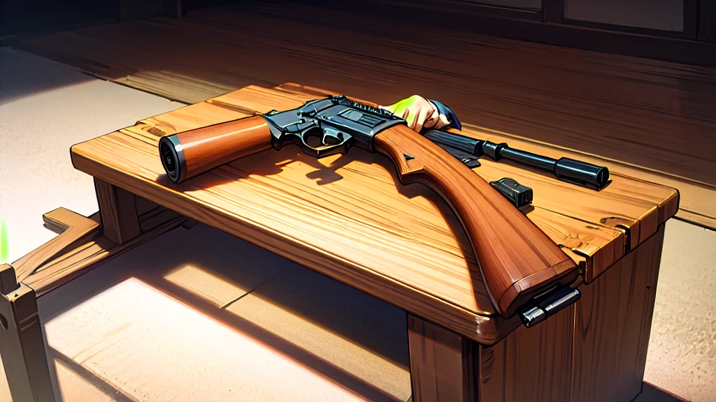 gun on table, wooden table, detail on gun, 9mm gun
