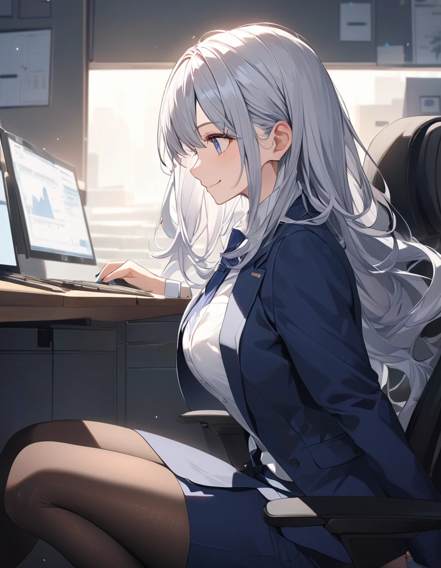 8K, Highest quality, masterpiece, Wallpapers by Unity 8K, office、(One Girl) , 17 years old、 Perfect detail, (Best lighting) , (Very intricate detail)、Big eyes、masterpieceサイドライト、(((Silver Hair))),(Her hair color is a blue-gray gradient), Semi-long hair, Very detailed, ,Larger breasts、office lady,  {Navy blue business suit、white business shirt, Navy blue pencil skirt、 pantyhose}, officeのロビー、profile、smile