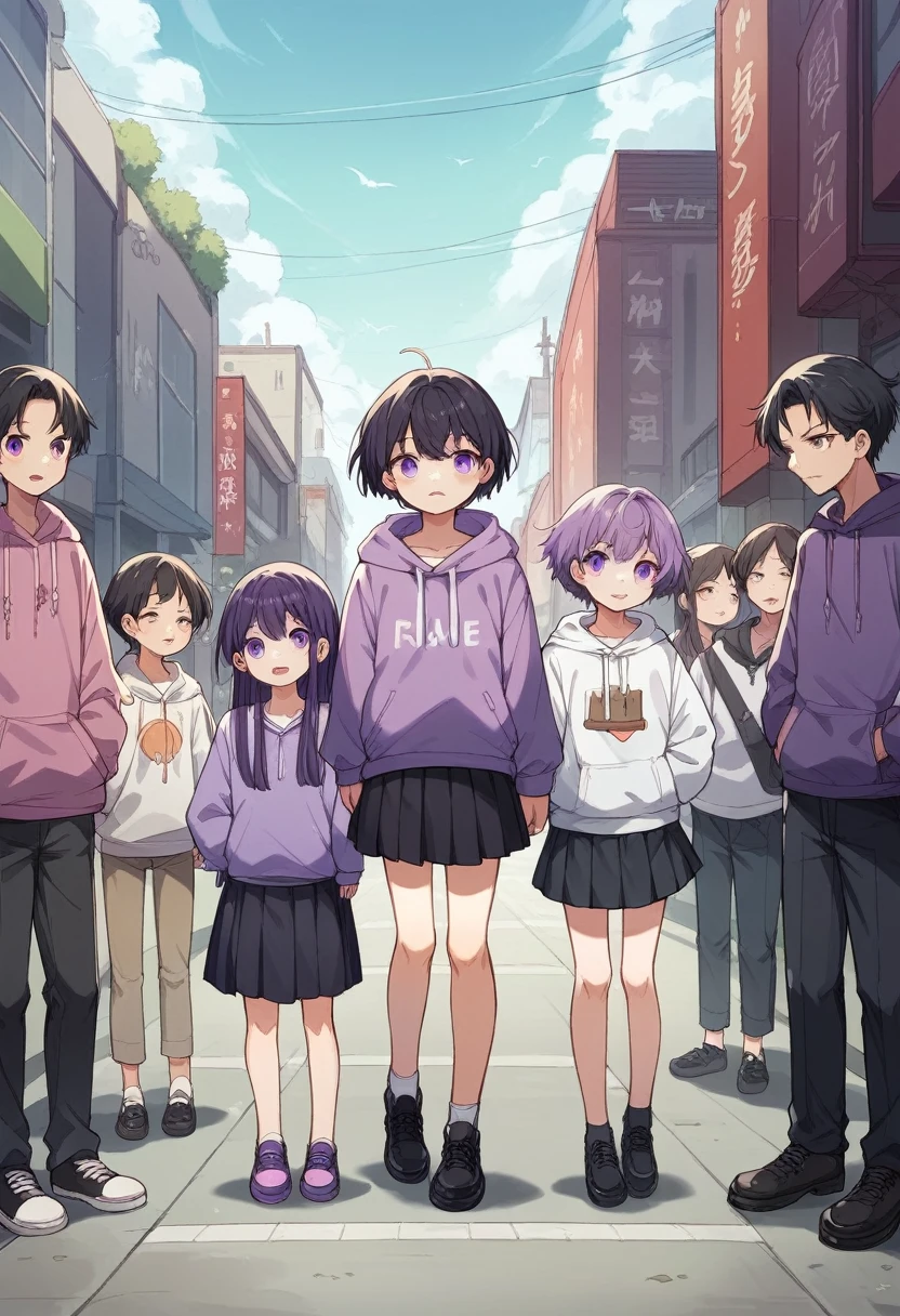 Keito。Purple hoodie。Black Skirt。Purple Eyes。Black Hair。Black shoes下。Black shoes。6 people。The eldest daughter has purple hair