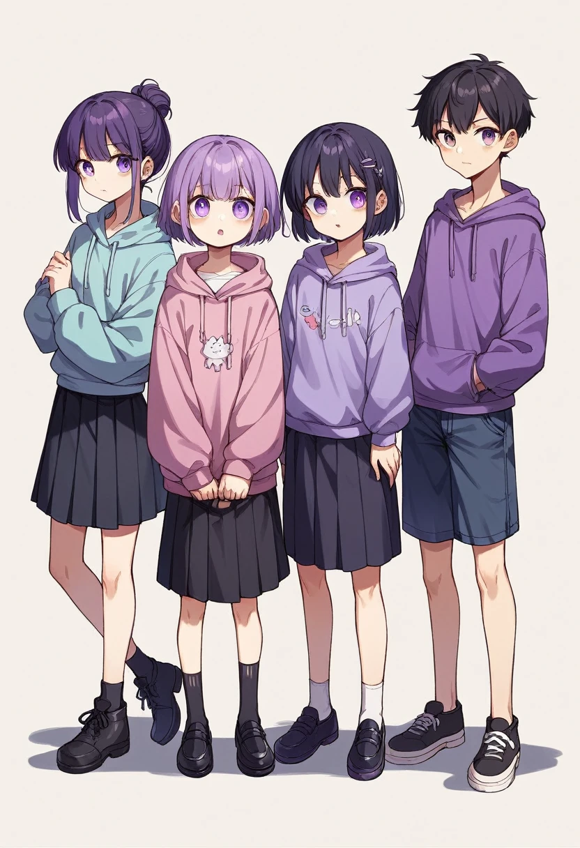 Keito。Purple hoodie。Black Skirt。Purple Eyes。Black Hair。Black shoes下。Black shoes。6 people。The eldest daughter has purple hair