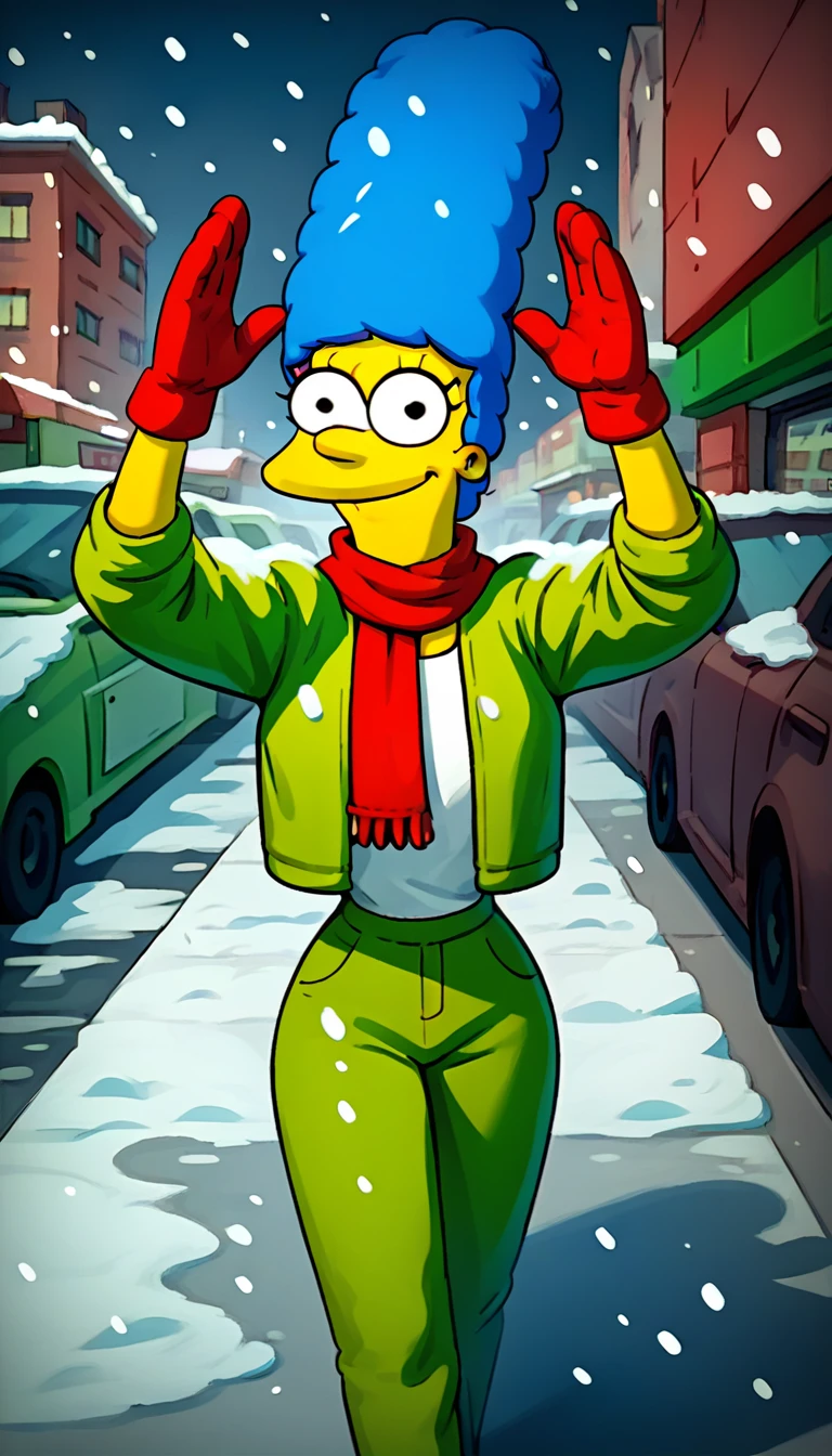 marges, (((blue hair, 1girl, solo, alone, colored skin, yellow skin))), score_9, score_8_up, score_7_up, score_6_up, score_5_up, score_4_up, zPDXL flat color, looking at viewer, smile, 

(((      green puffy jacket, red beanie, red scarf, red mittens, snowing, green baggy pants   ))),

sexy pose, dynamic pose, dynamic angle, cowboy shot,

outdoor, street, city, shops, cars,