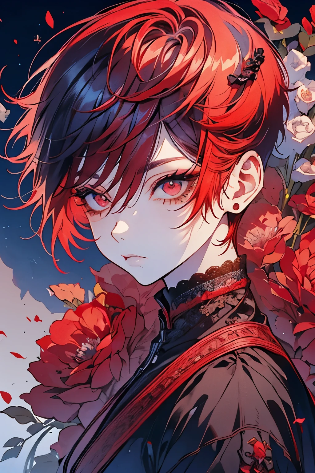 (Mastepiece), (Best Quality), Very detailed, 1 boy, Solo Shooting, Perfect Face, Beautiful Face, Very detailedな顔，(Red Hair:1.3)，(short hair:1.4)、(Big eyes:1.4)，(Long eyelashes:1.4)、(Red Eyes:1.3)、Black clothes、Lots of flowers、petal