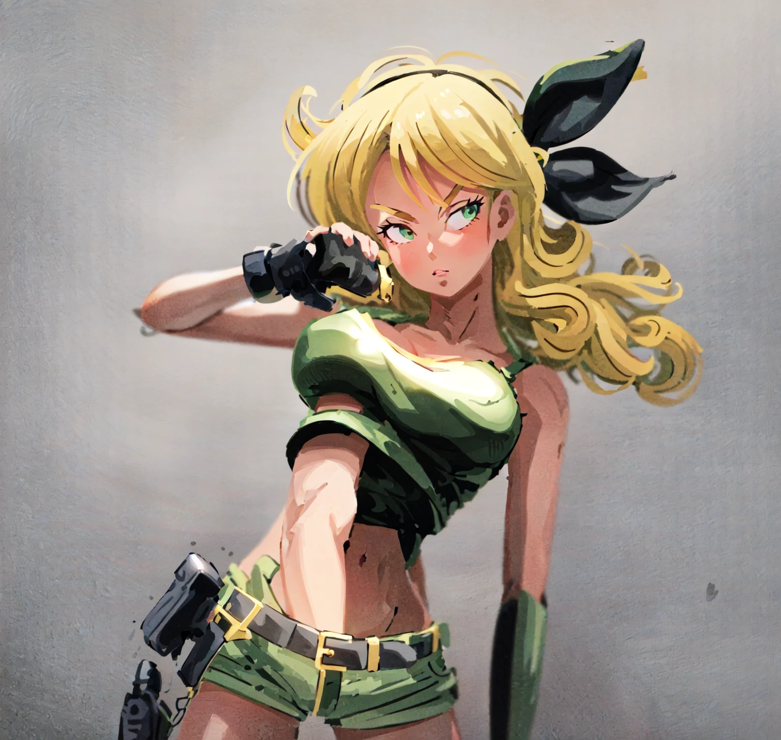 1girl, solo, weapon, shorts, gloves, gun, breasts, long hair, midriff, crop top, fingerless gloves, navel, shoes, full body, curly hair, cleavage, short shorts, hairband, submachine gun, yellow shorts, socks, holding weapon, holding, holster, simple background, tank top, sneakers, standing, belt, handgun, holding gun, white background, thigh holster, hair ribbon, collarbone, large breasts, bow, loose socks, medium breasts, looking at viewer