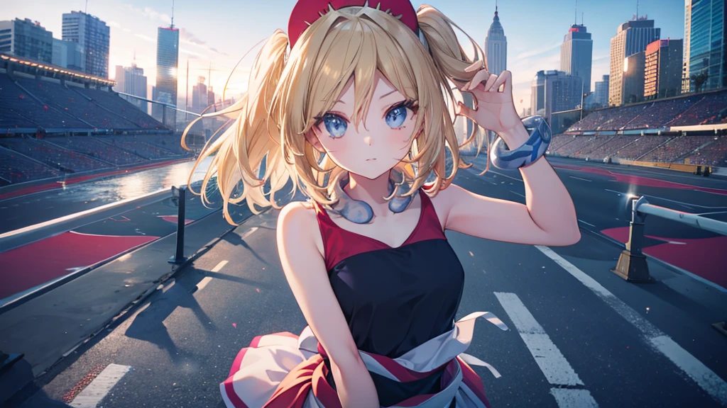 Perfect Anatomy, from the front, Cheerleader, High quality eyes, pretty girl, Peeking from below、Beautiful cityscape