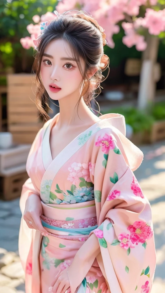 cute in kimono, detailed facial features, beautiful detailed eyes, beautiful detailed lips, extremely detailed face, longeyelashes, soft pastel colors, cinematic lighting, delicate ornaments, intricate kimono patterns, vibrant floral background, highly detailed, 8k, masterpiece, digital art