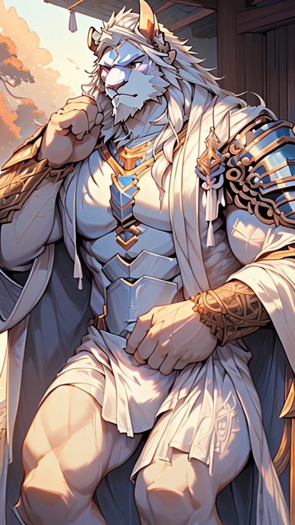 (masterpiece),(highres),(intricate details:1.4),extremely detailed,(illustration:1.2),8k,photorealistic,exquisite,,aged,elder male lion ,muscular,(brave paladin:1.7),(Ancient Greek mythological style;1.8),(loose white robe:1.6),manhood,safeguard,(white hair:1.3),long hair,long white beard,scar,(badly damaged),(sacrifice),hurt,broken body ,(bulging crotch:1.8),(homosexual),(naked upper body:1.7),(a serene face:1.9)
