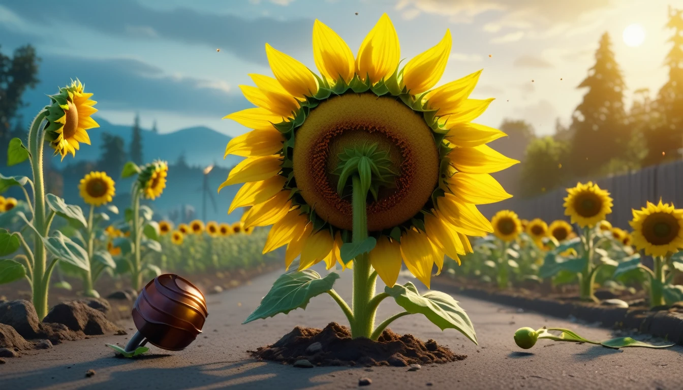 masterpiece, The best quality, highres, 8k, vivid colors, Photography, plantas versus zombies, side view, a cute and adorable anthropomorphic sunflower shooting a yellow projectile at a zombie