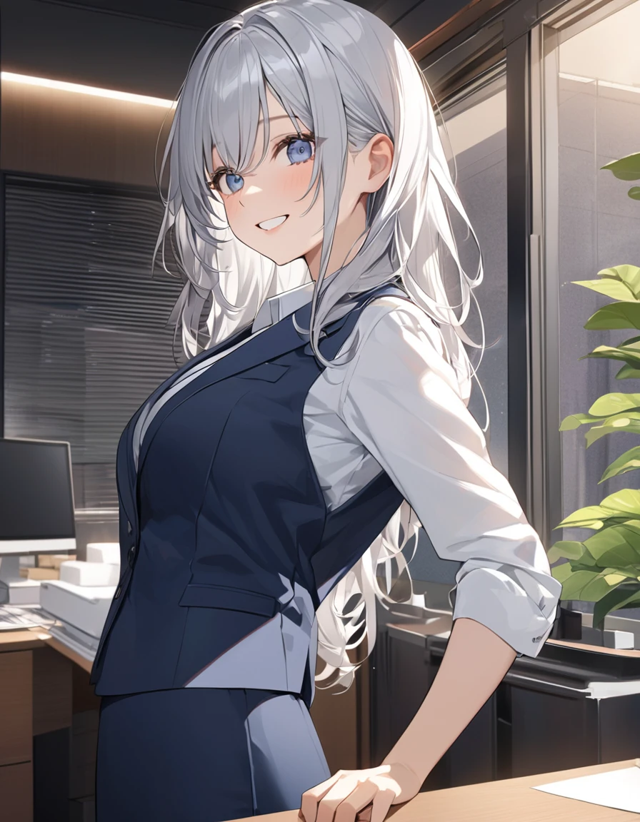 8K, Highest quality, masterpiece, Wallpapers by Unity 8K, office、(One Girl) , 、 Perfect detail, (Best lighting) , (Very intricate detail)、Big eyes、masterpieceサイドライト、(((Silver Hair))),(Her hair color is a blue-gray gradient), Semi-long hair, Very detailed, ,Larger breasts、office lady, {Navy blue business suit、white business shirt, Navy blue pencil skirt、 pantyhose}, officeのロビー、from side,View here、smile