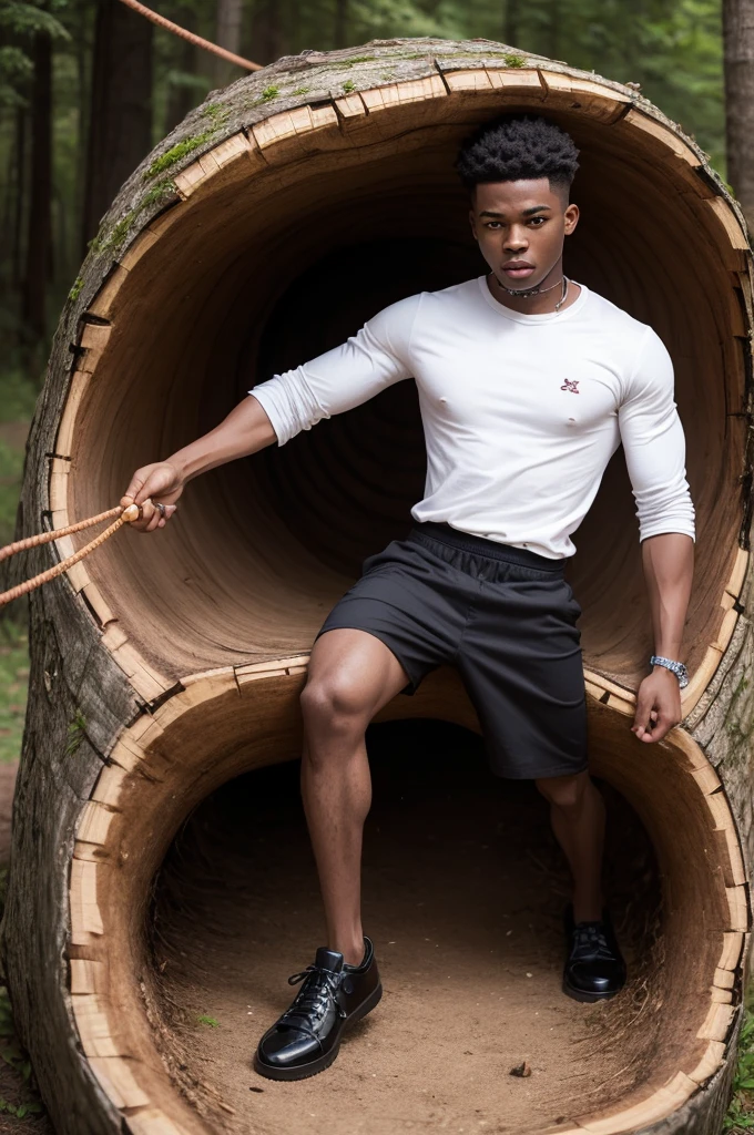 Make a black boy wearing designer clothes trapped in a log being whipped by a white man remembering that the whip came out of his mouth
