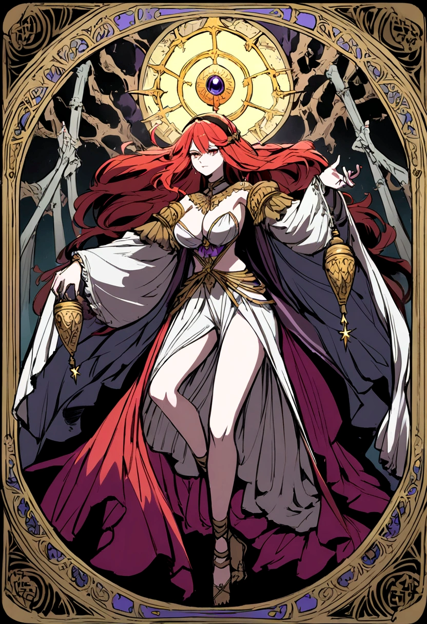 Busty redhead sorceress casting a spell on a skeleton - similar but made to be a tarot card for death