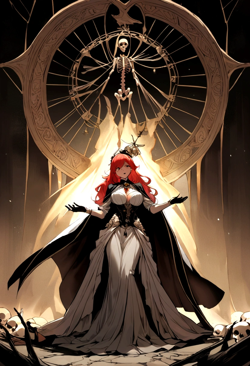 Busty redhead sorceress casting a spell on a skeleton - similar but made to be a tarot card for death