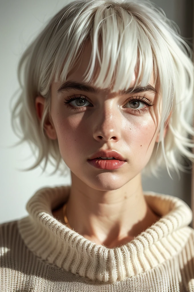 Instagram Photos, French woman, 21 years old, square hair cut,White hair, Close-up portrait, sweater, Neckline, pale, Sharp Shadow