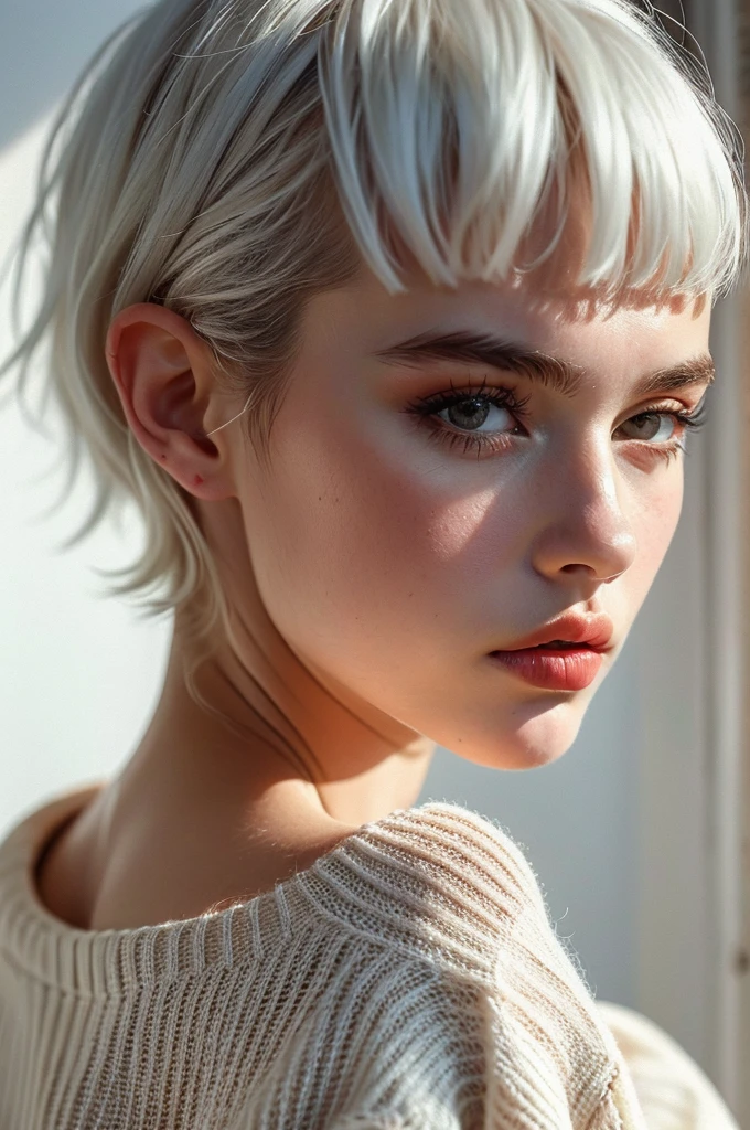 Instagram Photos, French woman, 21 years old, square hair cut,White hair, Close-up portrait, sweater, Neckline, pale, Sharp Shadow
