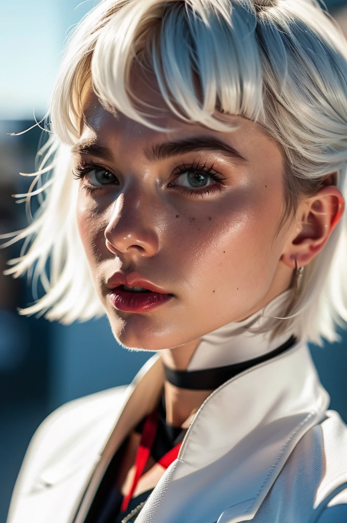 Instagram Photos, French woman, 21 years old, square hair cut,White hair, Close-up portrait, Jacket,shirt, Neckline, pale, Sharp Shadow