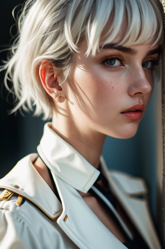 Instagram Photos, French woman, 21 years old, square hair cut,White hair, Close-up portrait, Jacket,shirt, Neckline, pale, Sharp Shadow