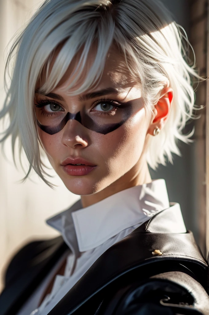 Instagram Photos, French woman, 21 years old, square hair cut,White hair, Close-up portrait, Jacket,shirt, Neckline, pale, Sharp Shadow