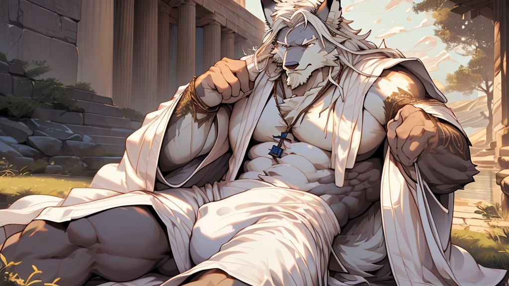 (masterpiece),(highres),(intricate details:1.4),extremely detailed,(illustration:1.2),8k,photorealistic,exquisite,,aged,elder male wolf ,muscular,(bishop :1.7),(Ancient Greek mythological style;1.8),(loose white robe:1.6),manhood,safeguard,(white hair:1.3),long hair,long white beard,scar,(badly damaged),(sacrifice),hurt,broken body ,(bulging crotch:1.8),(homosexual),(naked upper body:1.7),(a serene face:1.9)
