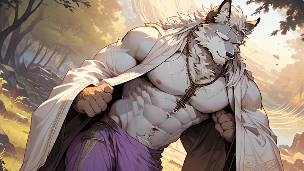 (masterpiece),(highres),(intricate details:1.4),extremely detailed,(illustration:1.2),8k,photorealistic,exquisite,,aged,elder male wolf ,muscular,(bishop :1.7),(Ancient Greek mythological style;1.8),(loose white robe:1.6),manhood,safeguard,(white hair:1.3),long hair,long white beard,scar,(badly damaged),(sacrifice),hurt,broken body ,(bulging crotch:1.8),(homosexual),(naked upper body:1.7),(a serene face:1.9)